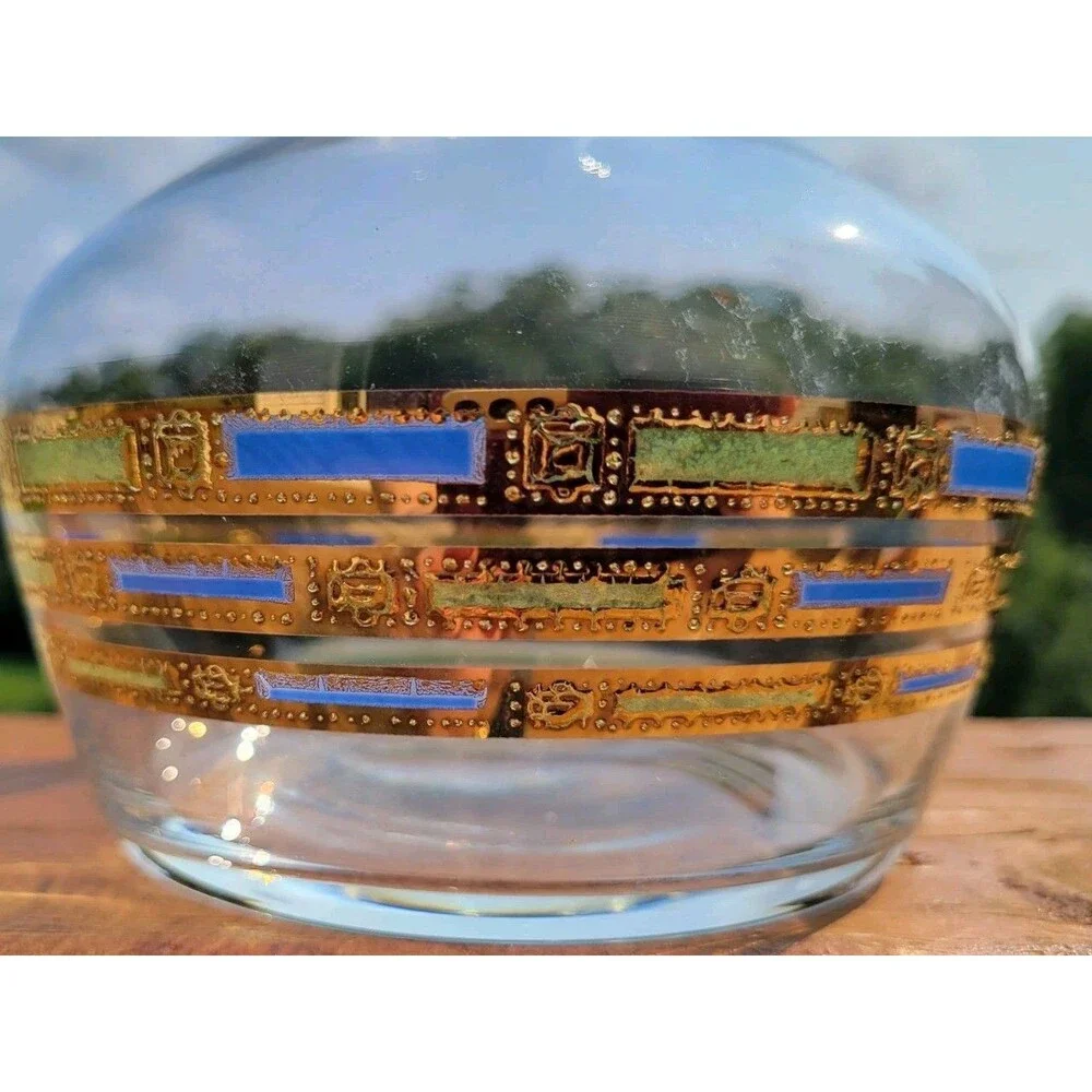 Vintage Culver 22k Gold Blue Empress Glass Carafe Decanter MCM Blue Green Retro